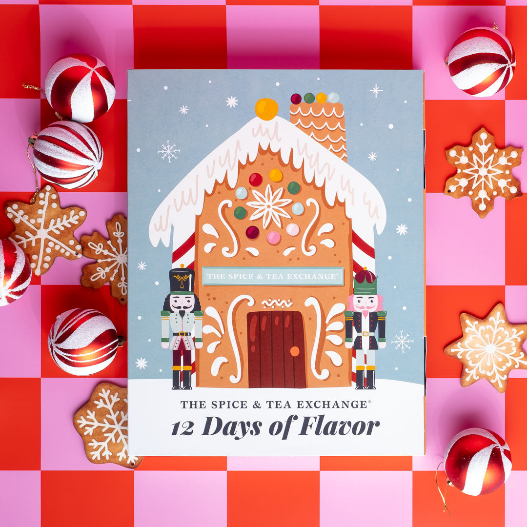 Promotional graphic for 'The Spice & Tea Exchange' 12 Days of Flavor with a gingerbread house design on a checkered background.