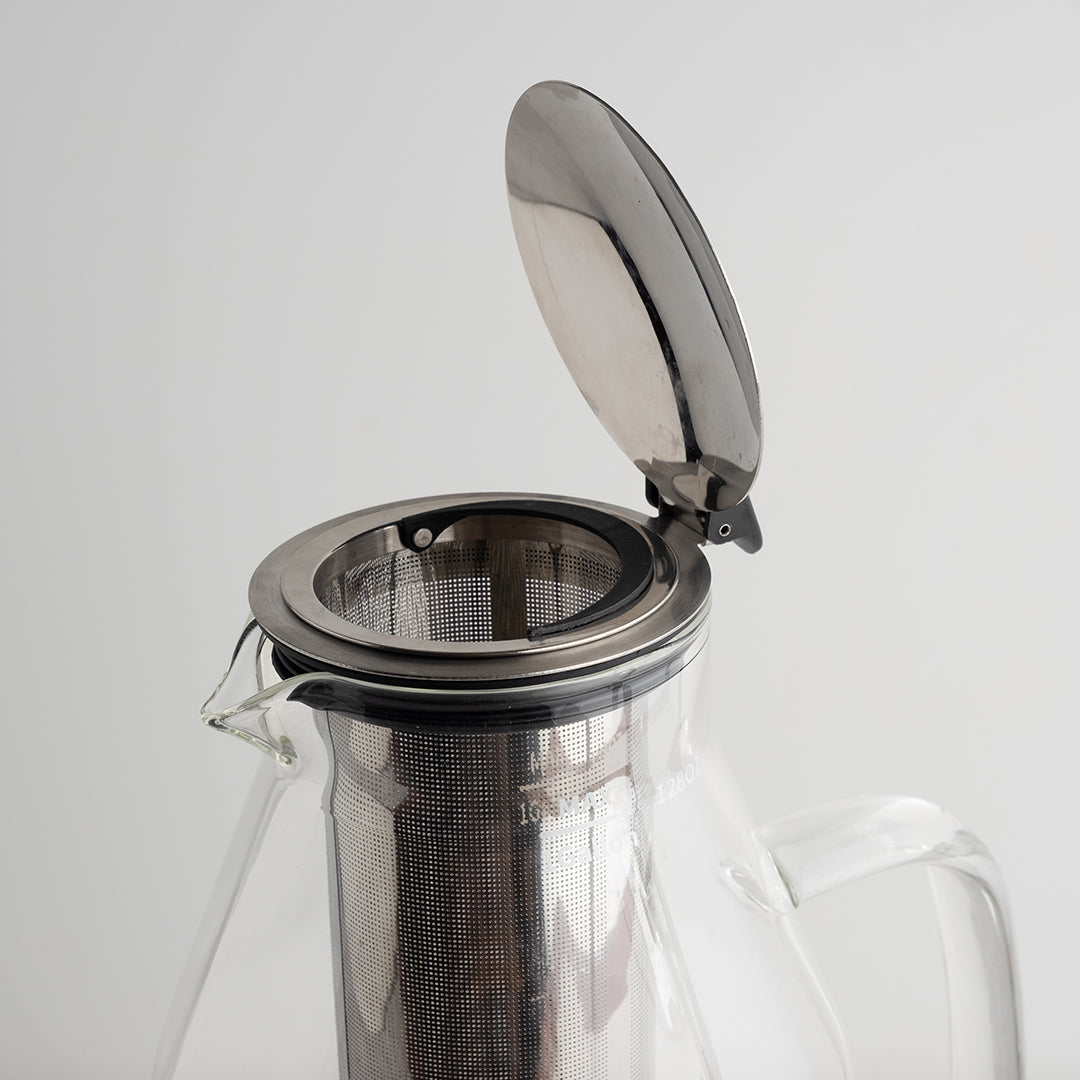 Glass Gallon Tea Pitcher with Infuser - top close-up with top open and basket inside