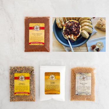 BBQ Bacon Baked Brie recipe card and baggies: Smoked BBQ Rub Spice Blend, Tailgater's Spice Blend, Vinegar Powder, Sweet Onion Sugar