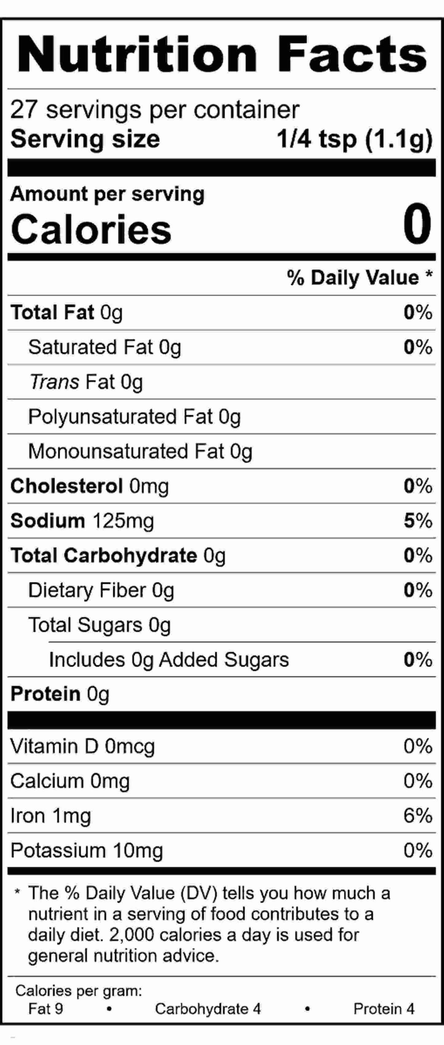 Backwoods Hickory Rub Seasoning’s black and white nutrition label lists 0 calories per 1/4 tsp, 0g fat, 0mg cholesterol, 125mg sodium, 0g carbs, 0g protein, and 10mcg potassium—perfect for boosting smoky meat flavors.