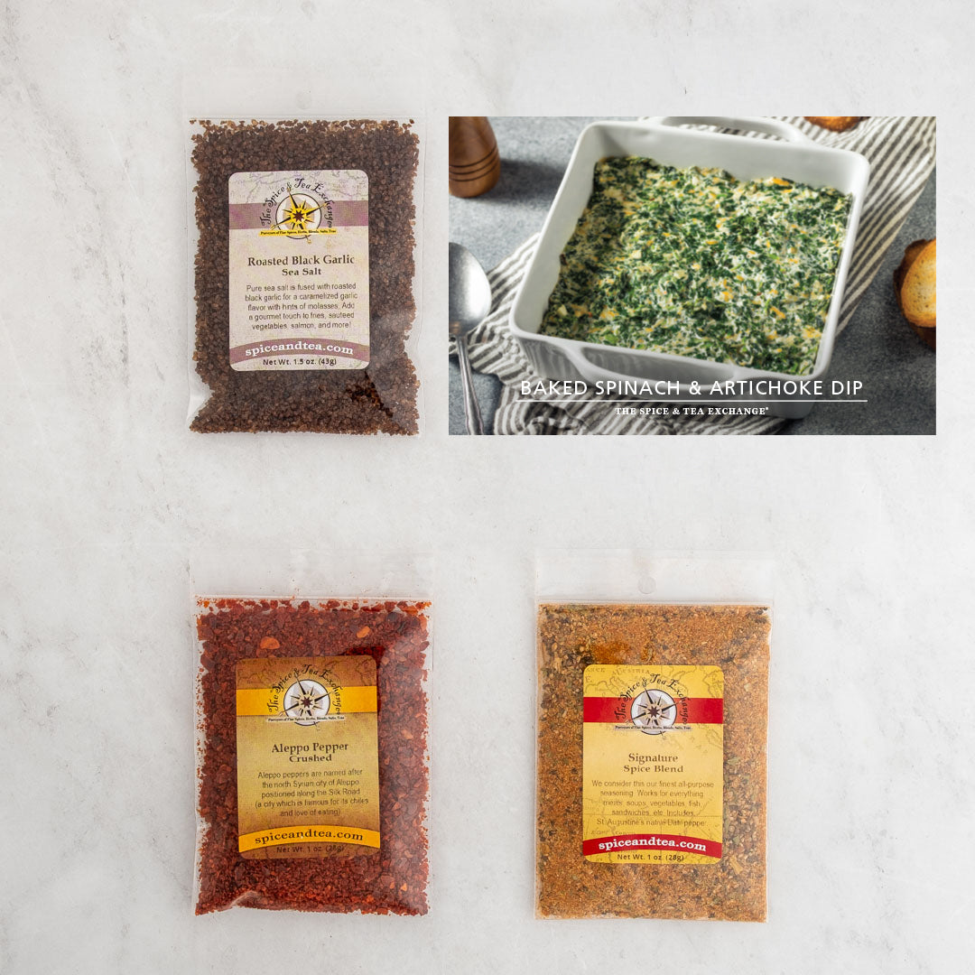 Baked Spinach & Artichoke Dip recipe card and baggies: Roasted Black Garlic Sea Salt, Aleppo Pepper Crushed, Signature Spice Blend