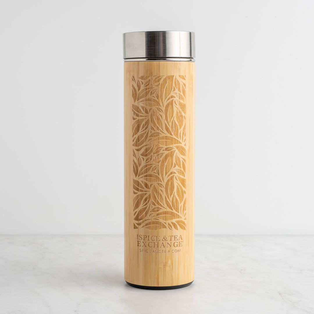 Bamboo Leaf Travel Tumbler on white counter top
