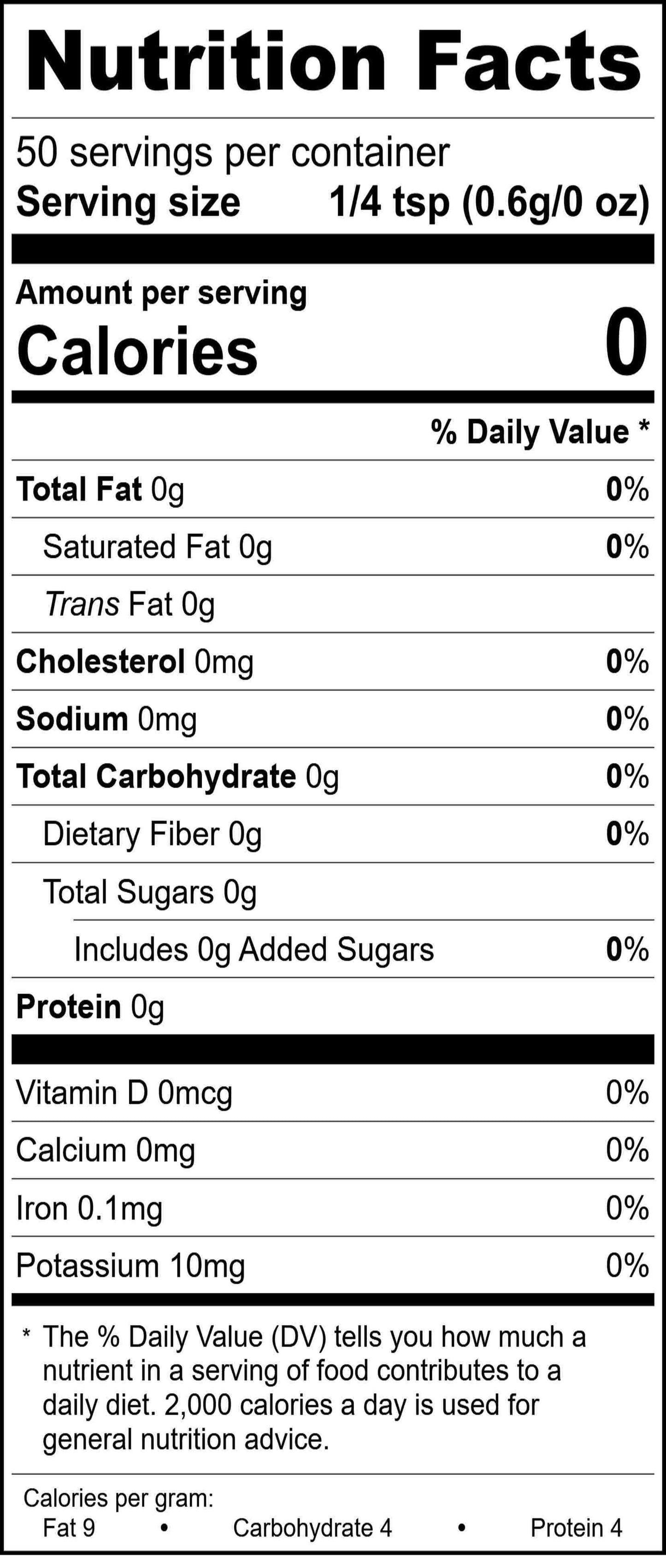 Black and white nutrition facts label for Smoked Black Peppercorn shows 0 calories, 0g fat, 0mg cholesterol, 0mg sodium, and 0g carbs. Serving size is 1/4 tsp—ideal as a finishing pepper for your favorite dishes.