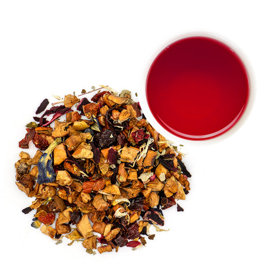 Blueberry Yogurt Herbal Tea loose leaf and brewed cup