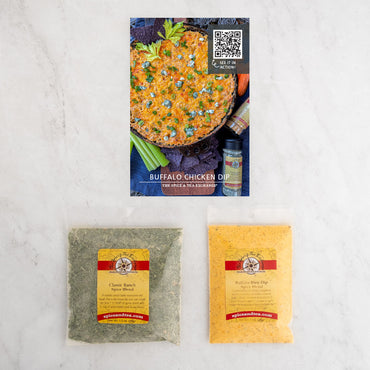 Buffalo Chicken Dip recipe card and baggies: Classic Ranch and Buffalo Bleu Dip Spice Blend