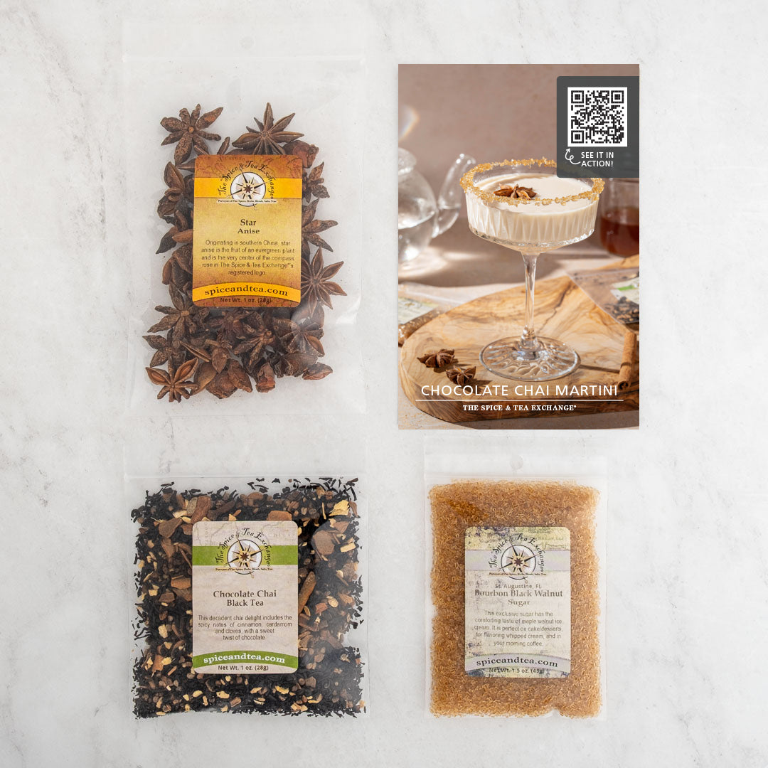 Chocolate Chai Martini recipe card and bags of: Star Anise, Chocolate Chai Black Tea, and Bourbon Black Walnut Sugar