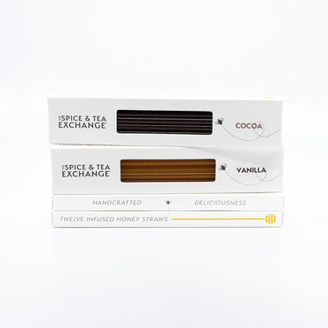 Box of cocoa or vanilla infused honey straws from The Spice & Tea Exchange on a white background