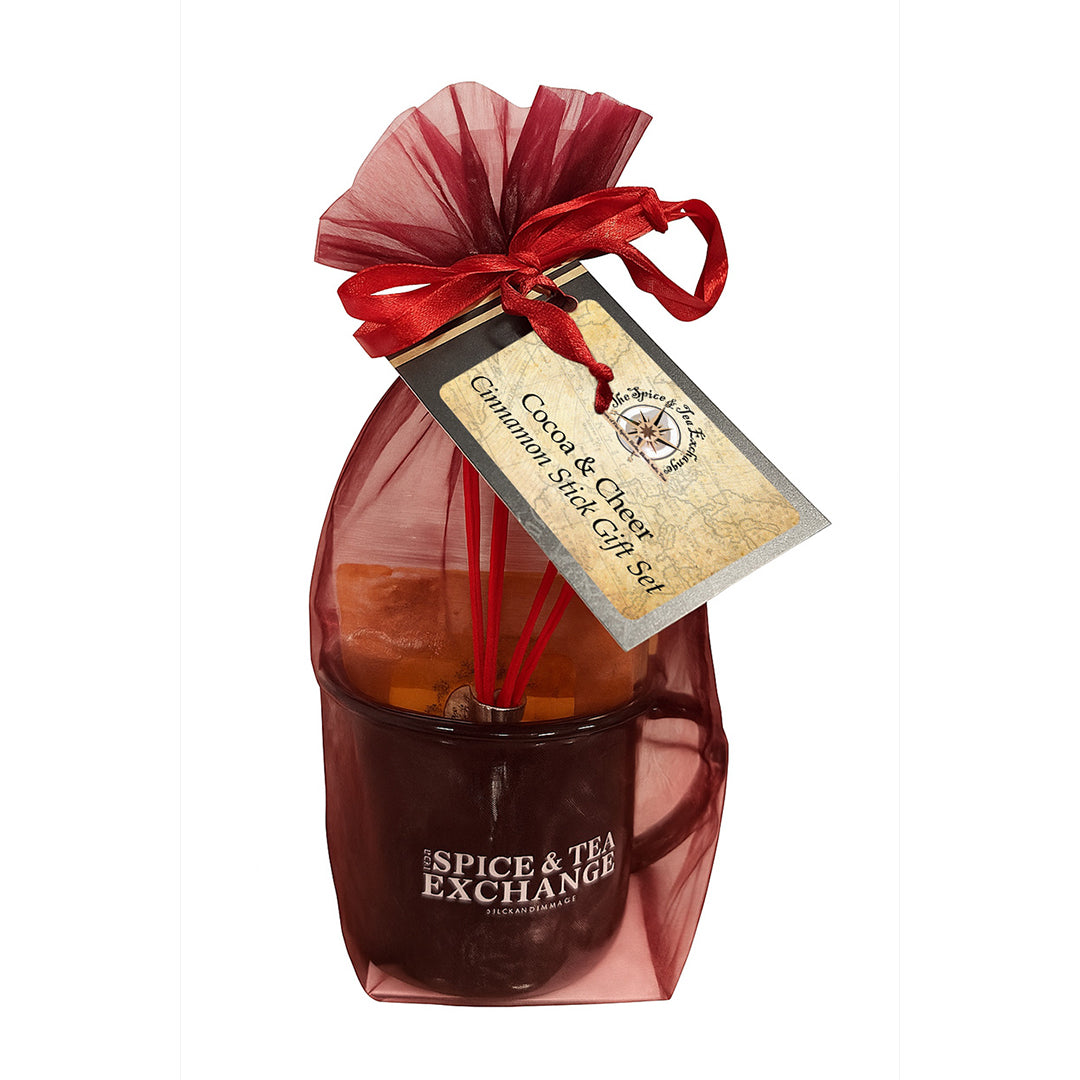 Cocoa bag in black camp mug in red organza bag.