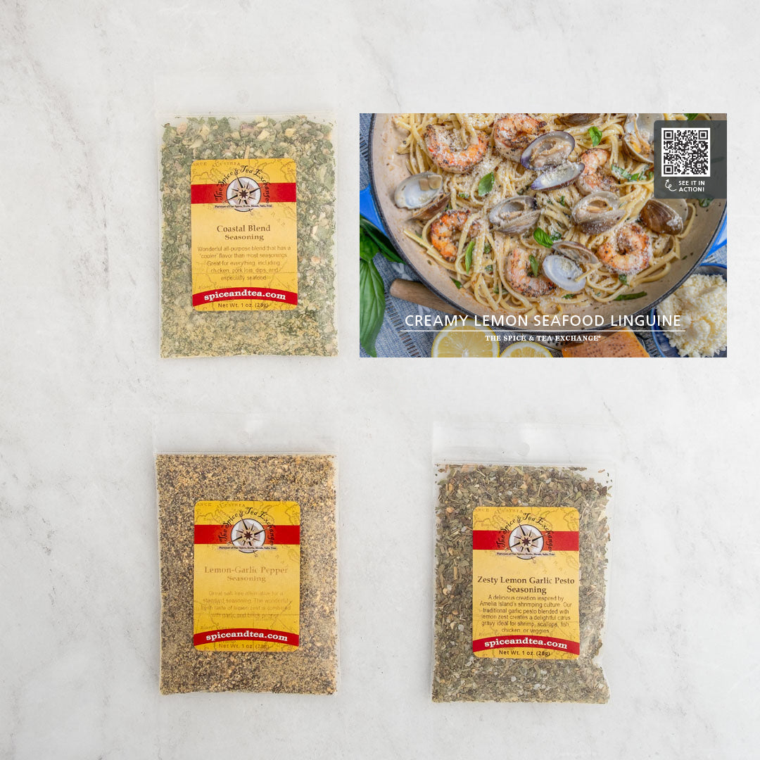 Creamy Lemon Seafood Linguine recipe card and baggies: Coastal Blend Seasoning, Lemon-Garlic Pepper Seasoning, Zesty Lemon Garlic Pesto Seasoning