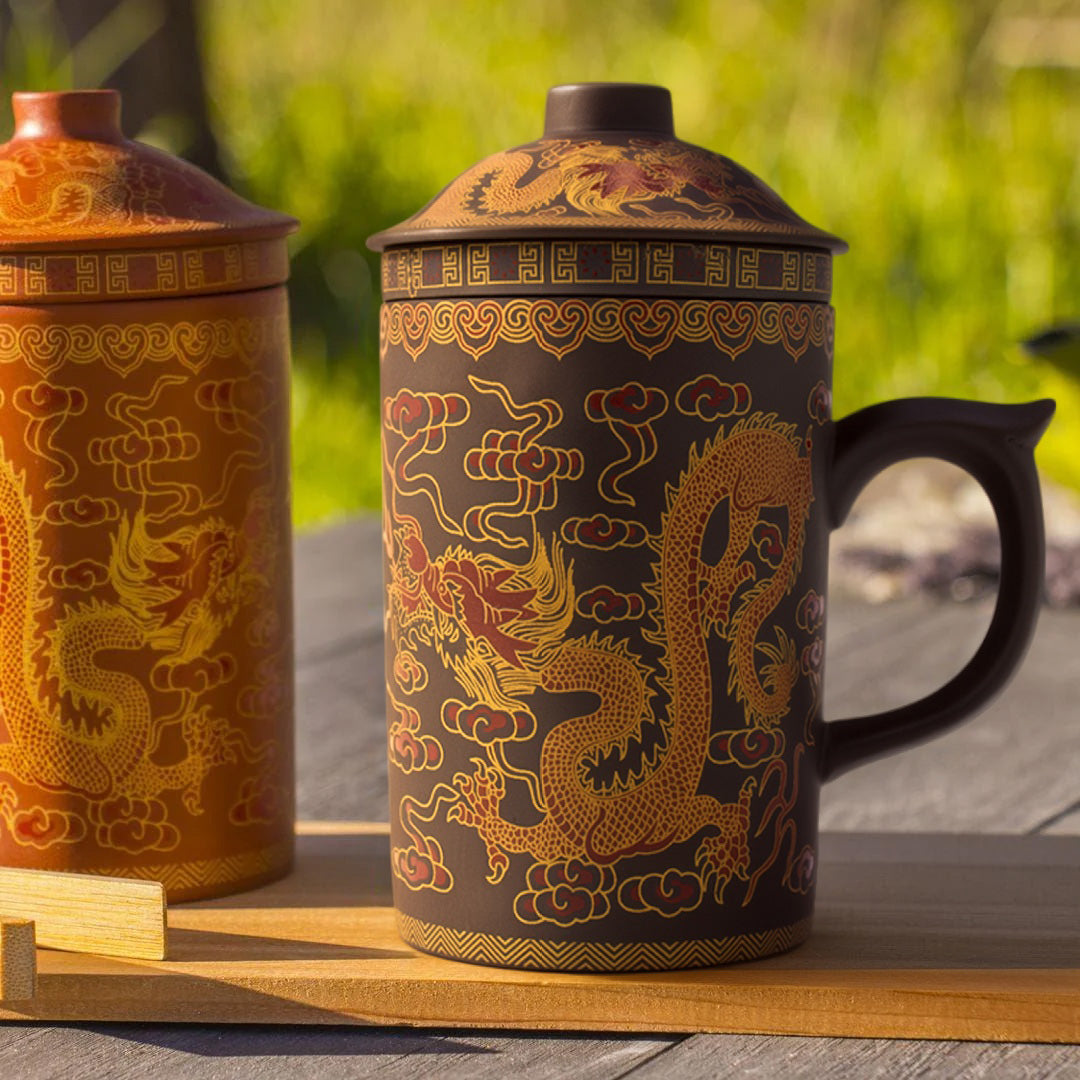 Rust and Dark Brown Dragon Tea Mug Infusers on wood board outside background