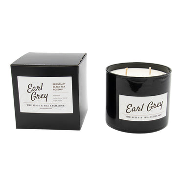 The Earl Grey Candle from The Spice & Tea Exchange comes in a black jar with a matching box and features a natural soy blend infused with essential oils of bergamot, black tea, and rosehip.