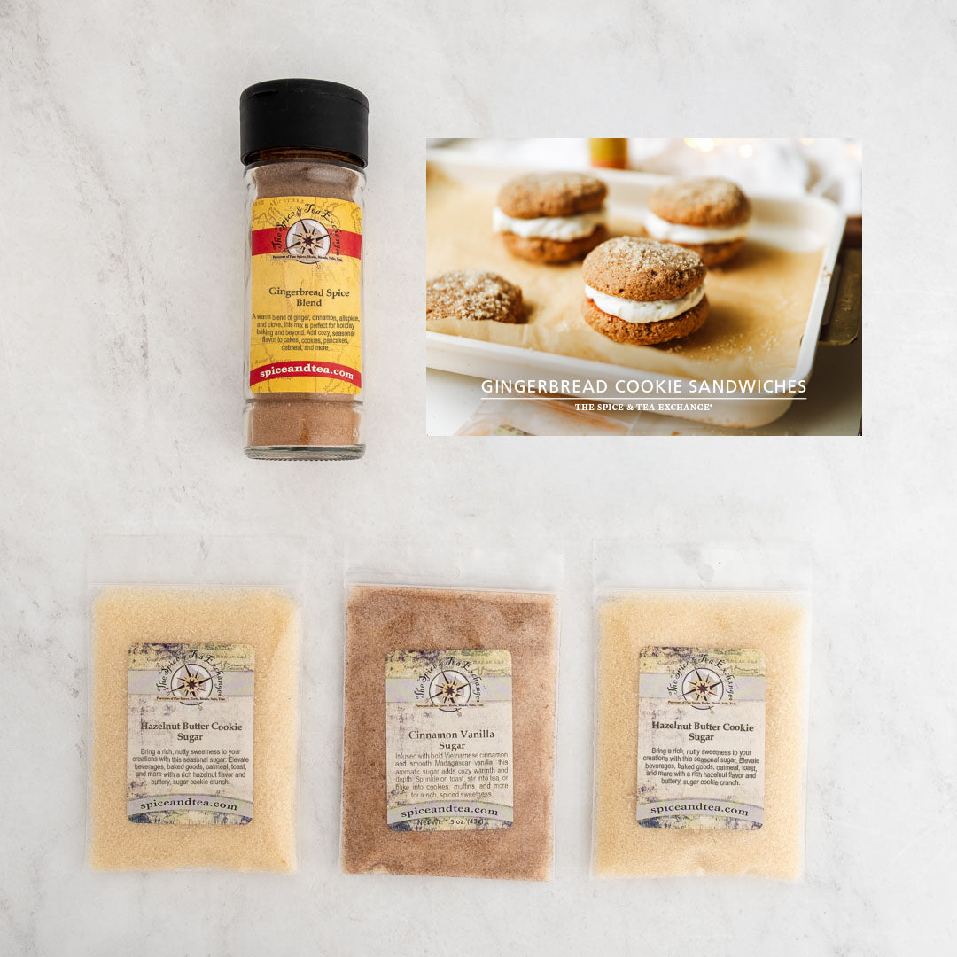 Gingerbread Cookie Sandwiches recipe card and baggies: Gingerbread Spice Blend, Hazelnut Butter Cookie Sugar, Cinnamon Vanilla Sugar
