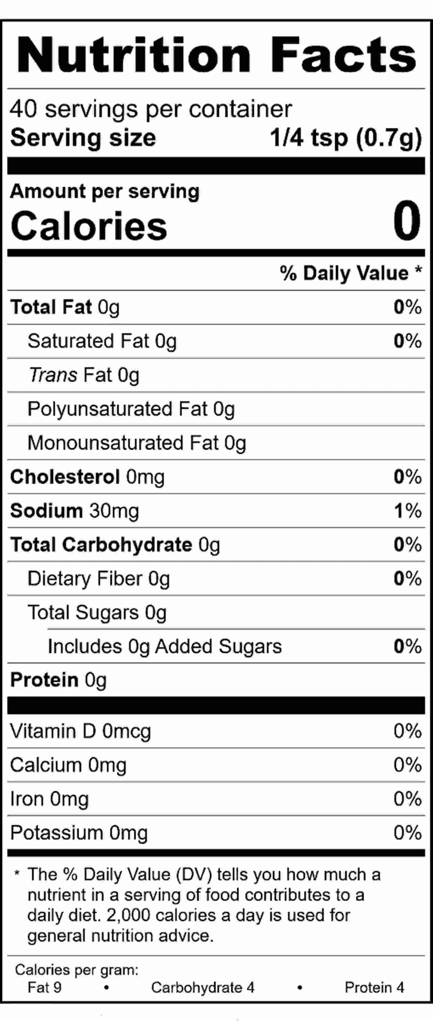 Black and white nutrition facts label for Korean BBQ Rub Seasoning shows 40 servings per container, serving size 1/4 tsp (0.7g), 0 calories, 0g fat, 30mg sodium, 0g carbs, 0g protein, and 0% DV for all nutrients.