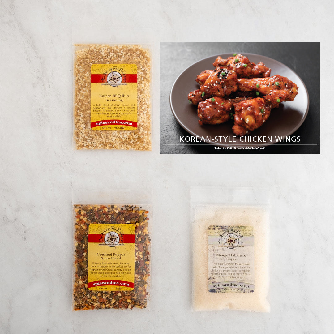 Korean-Style Chicken Wings recipe card and baggies of: Korean BBQ Rub Seasoning, Gourmet Pepper Spice Blend, Mango Habanero Sugar