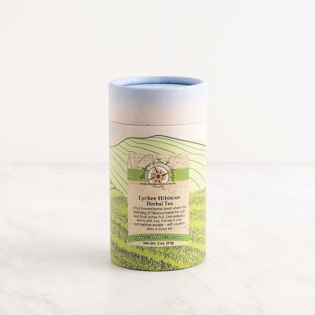 Herbal tea canister with green label on a white background