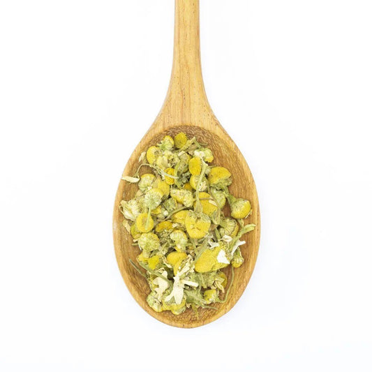 Dried chamomile flowers displayed on a wooden spoon against a white background.