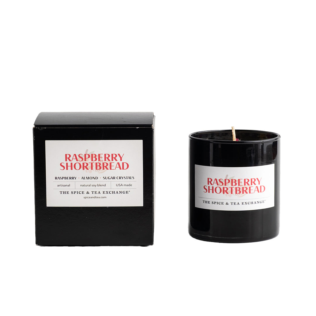 Raspberry Shortbread Candle on white background next to candle box