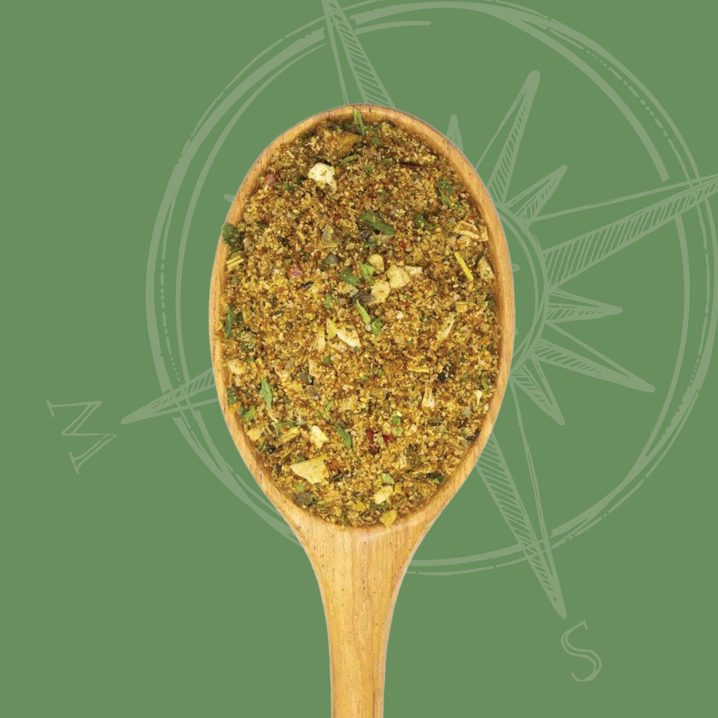 Tuscany Spice Blend in spoon on green background in front of compass logo