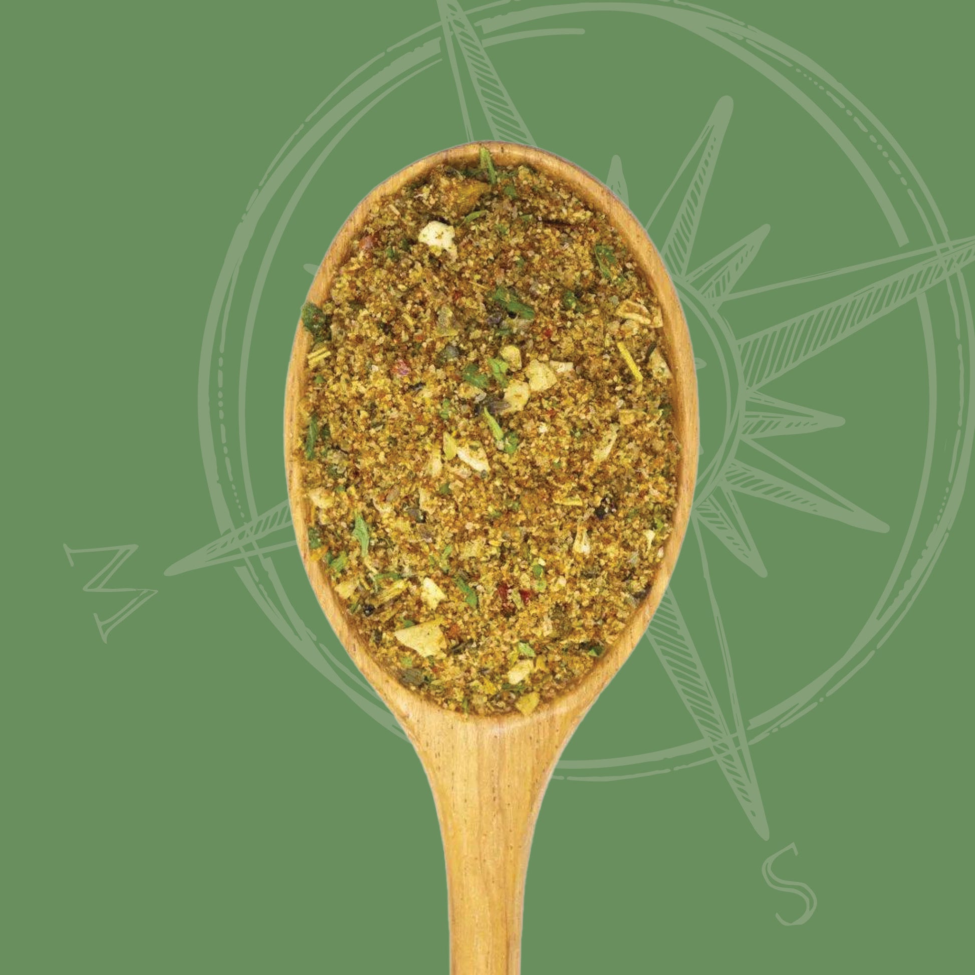 Tuscany Spice Blend in spoon on green background in front of compass logo