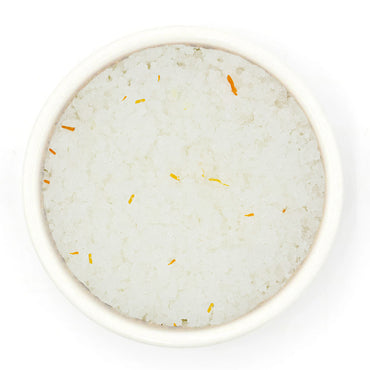 Saffron Fleur De Sel Sea Salt in a white bowl