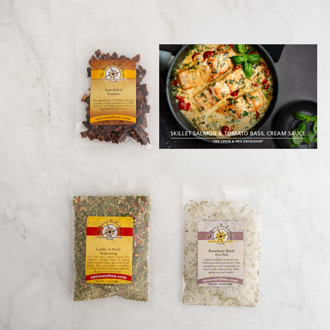 Skillet Salmon with Tomato Basil Cream Sauce recipe card and baggies: Sun-dried Tomato, Garlic n Herb Seasoning, Rosemary Basil Sea Salt