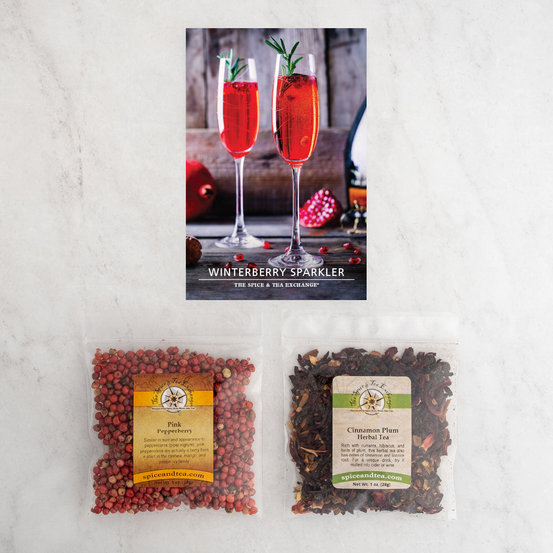 Winterberry Sparkler recipe card ad baggies: Pink Pepperberry and Cinnamon Plum Herbal Tea