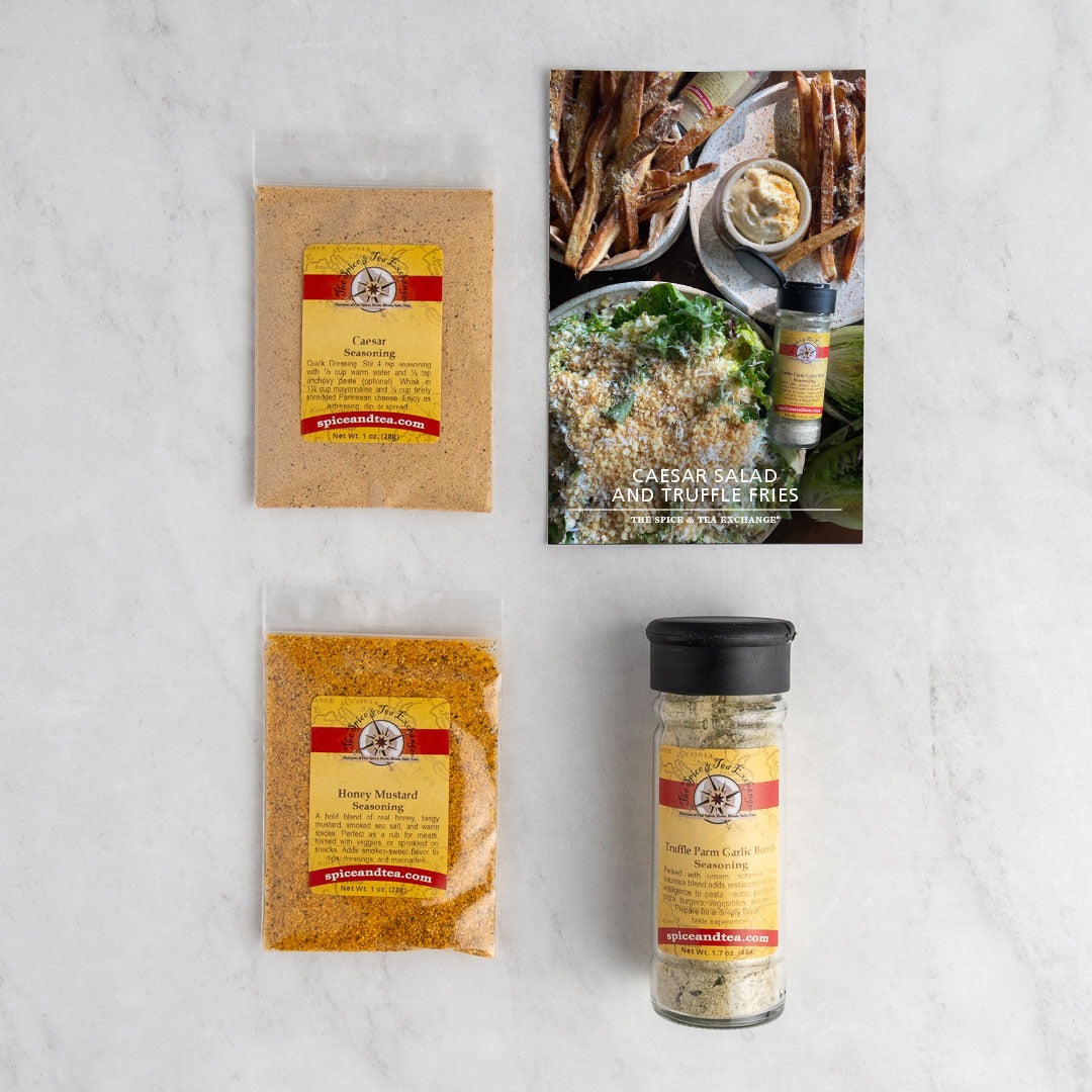 Caesar Seasoning. Truffle Parm Garlic Bomb Seasoning, Honey Mustard Seasoning, and Caesar Salad and Truffle Fries recipe card
