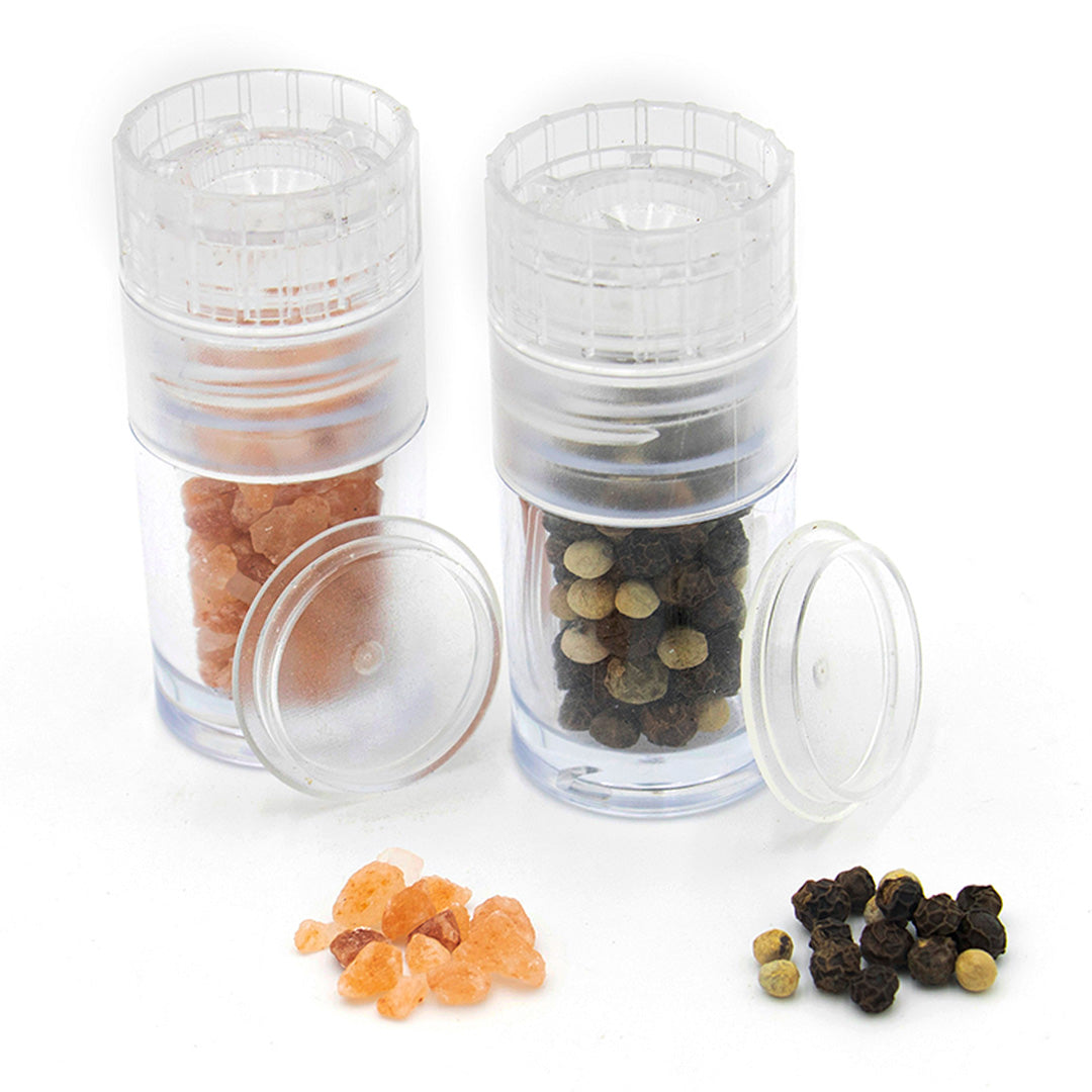Salt & Pepper Mini Grinders - out of packaging next to Himalayan salt and peppercorns