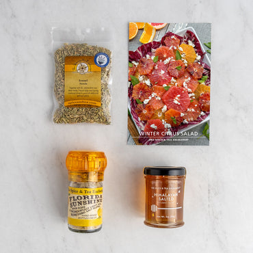 Fennel Seed, Florida Sunshine Spice Blend Mini Grinder, Honey Jar Himalayan Salted, and Winter Citrus Salad recipe card