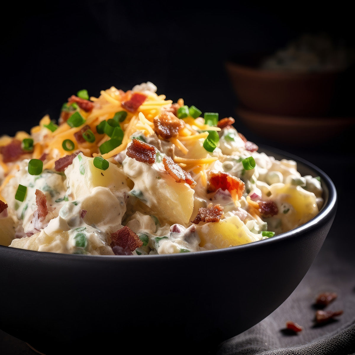 A black bowl filled with creamy potato salad topped with shredded cheddar cheese, chopped green onions, and crispy bacon bits, with another bowl blurred in the background.
