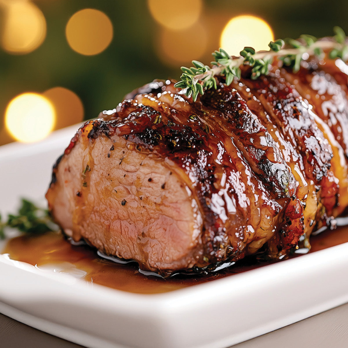 A juicy roast beef covered in glossy sauce, garnished with fresh thyme, sits on a white rectangular plate. Warm, blurred lights in the background create a festive atmosphere.
