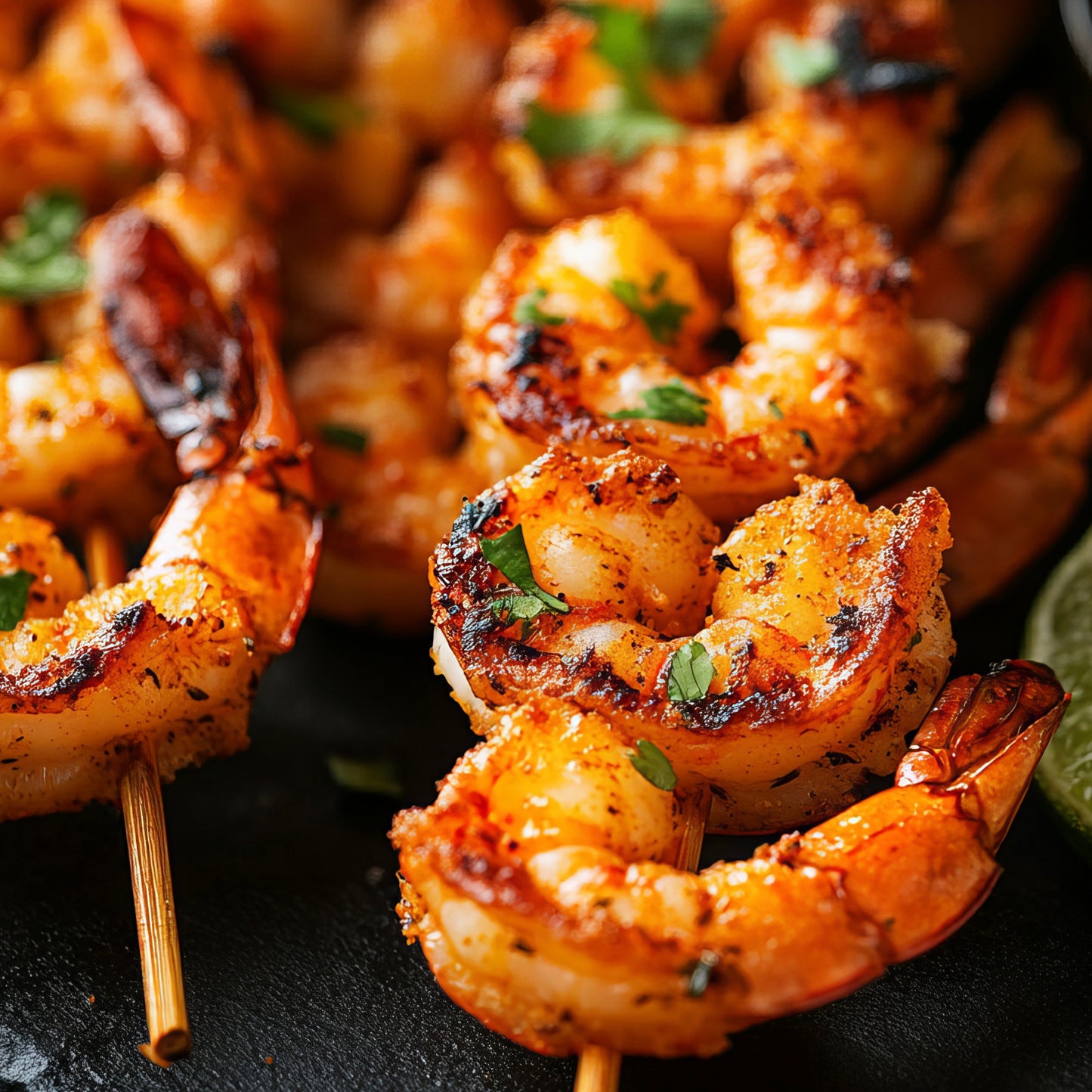 Close-up of grilled shrimp skewers seasoned with spices and garnished with fresh herbs, served on a dark surface.