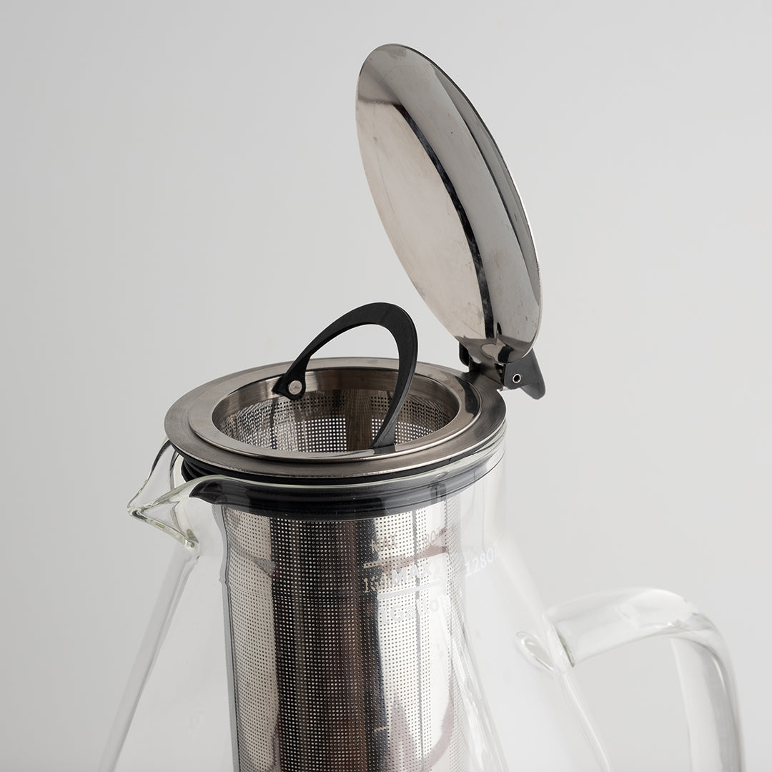 Glass Gallon Tea Pitcher with Infuser - top close-up with top open and basket inside