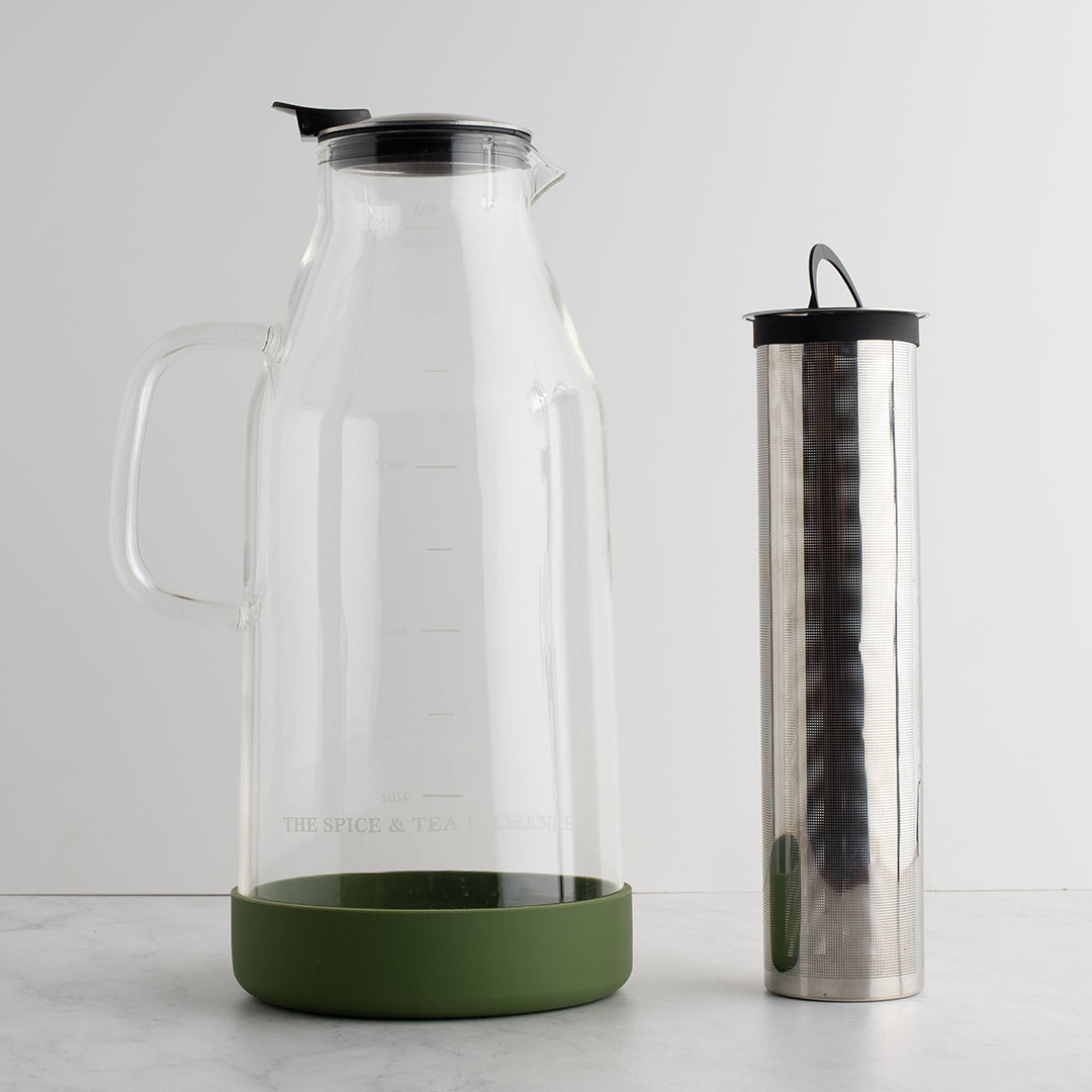 Glass Gallon Tea Pitcher with Infuser with infuser setting next to glass pitcher