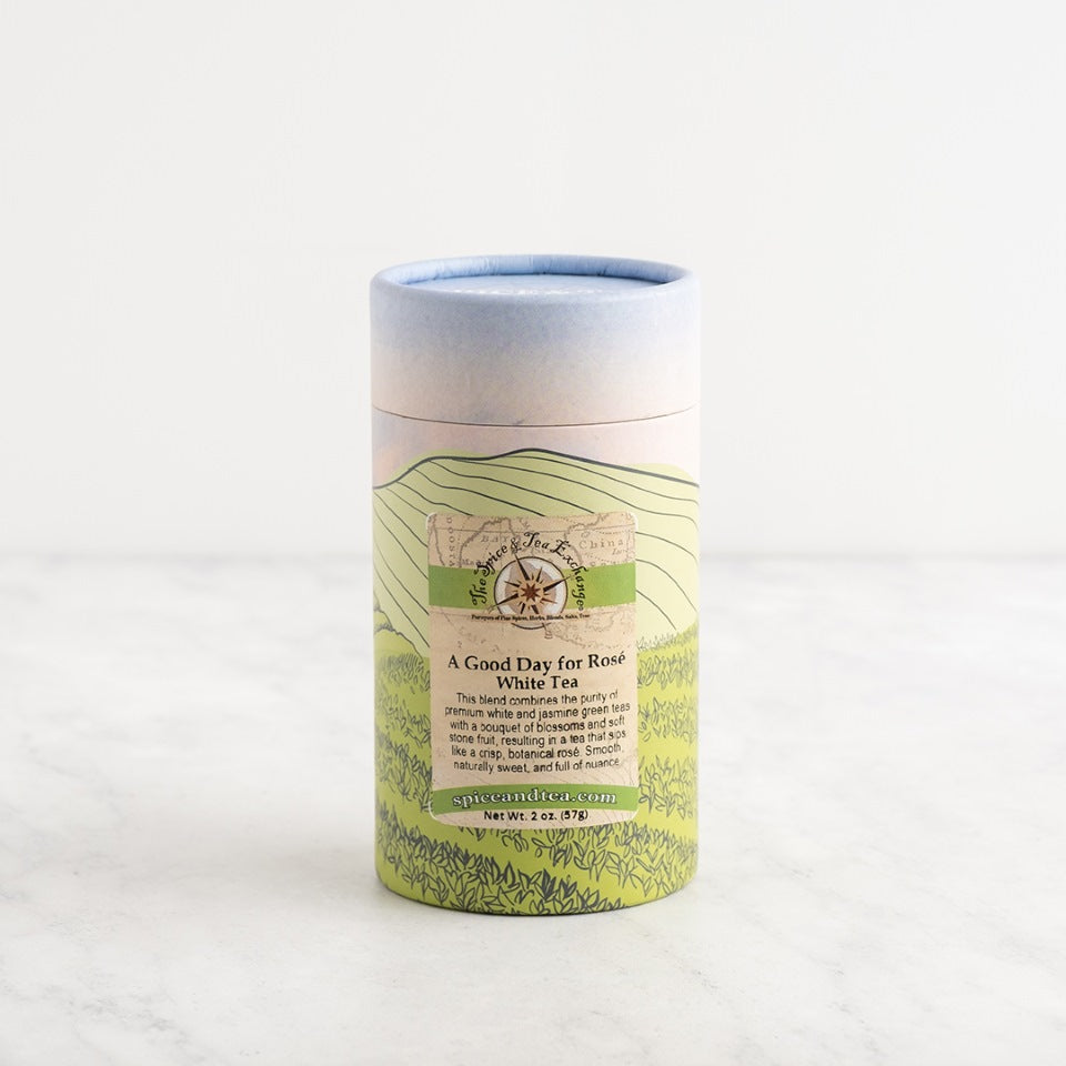 Tea canister labeled 'A Good Day for Rose White Tea' on a white background