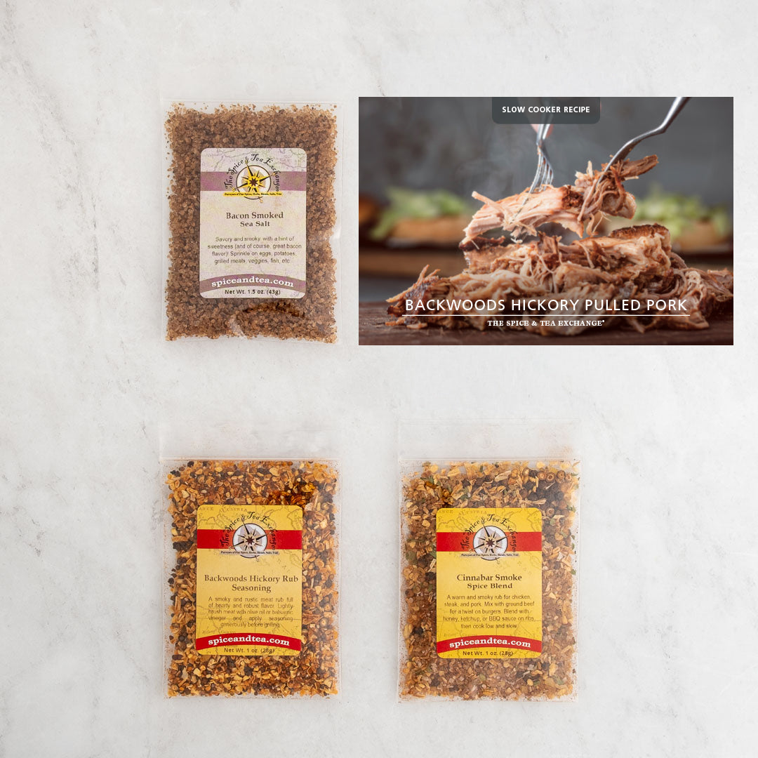 Backwoods Hickory Pulled Pork recipe card and baggies: Bacon Smoked Sea Salt, Backwoods Hickory Rub Seasoning, Cinnabar Smoke Spice Blend