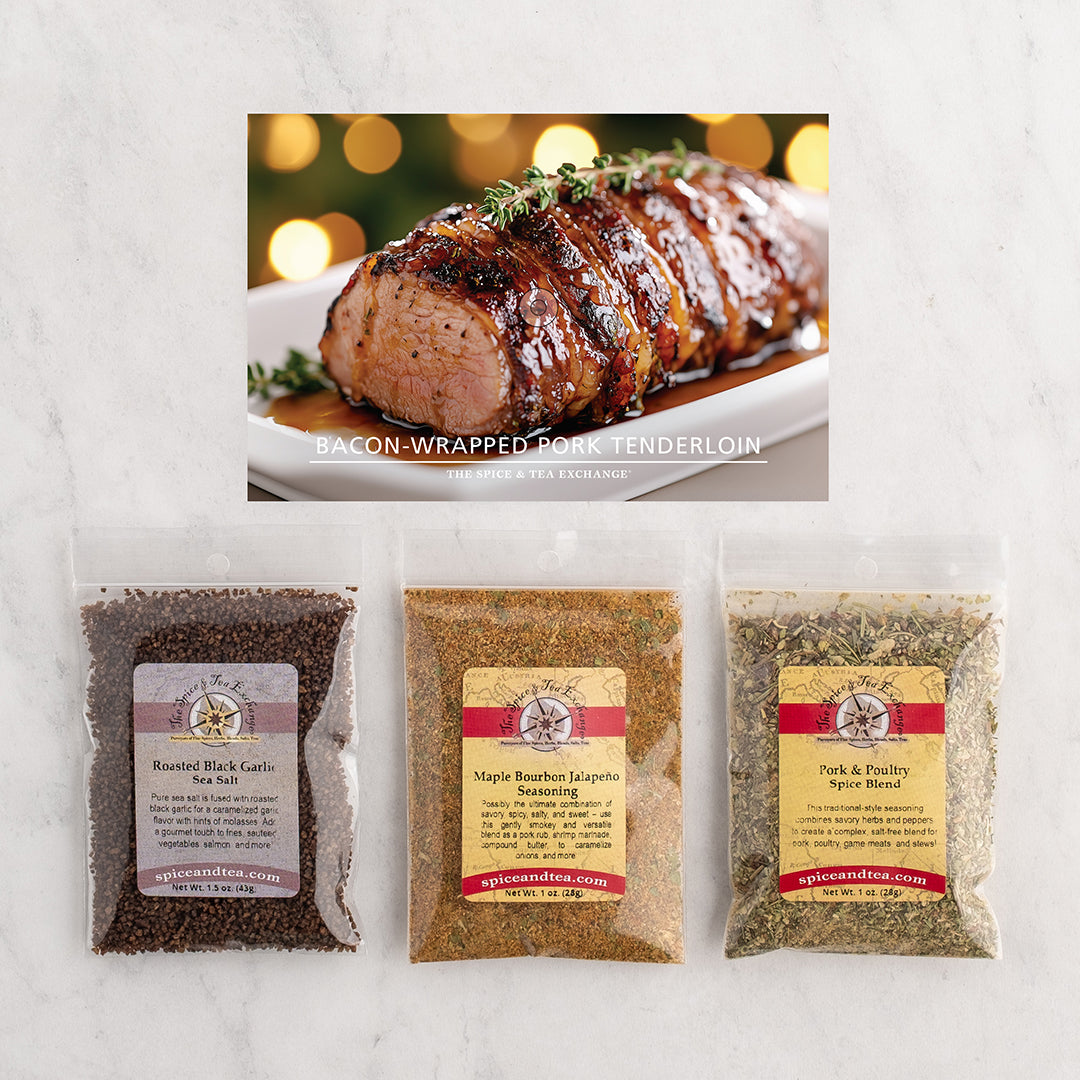 Three clear plastic bags of seasoning blends arranged on a white marble surface, with an inset photo above showing a glazed bacon-wrapped pork tenderloin.