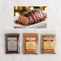 Three clear plastic bags of seasoning blends arranged on a white marble surface, with an inset photo above showing a glazed bacon-wrapped pork tenderloin.