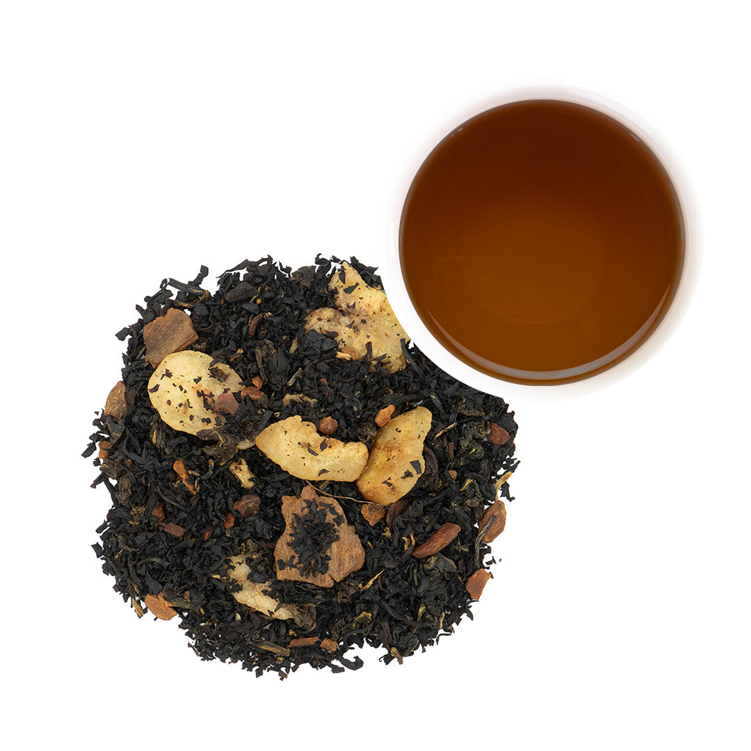Bananas Fosters Black Tea - leaf & brewed cup