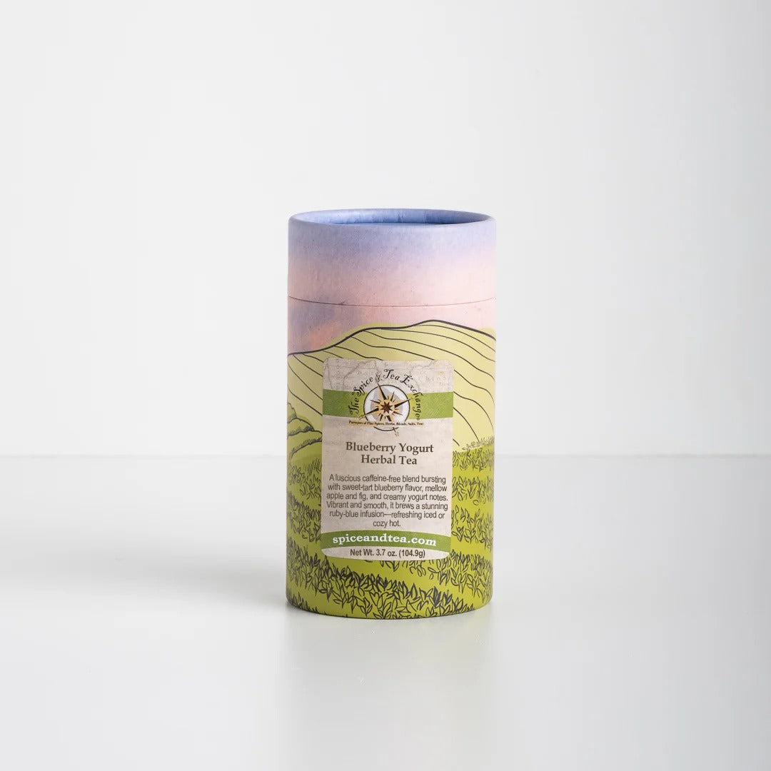 Blueberry Yogurt Herbal Tea in paper tube with tea fields design