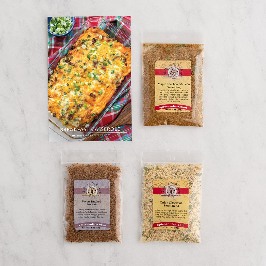 Three packaged seasoning blends and a recipe card for Breakfast Casserole.