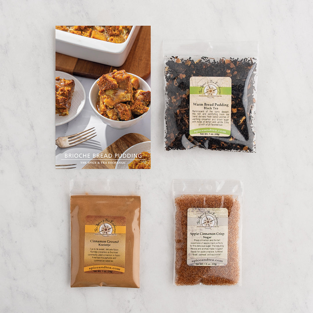 Brioche Bread Pudding recipe card next to kit contents