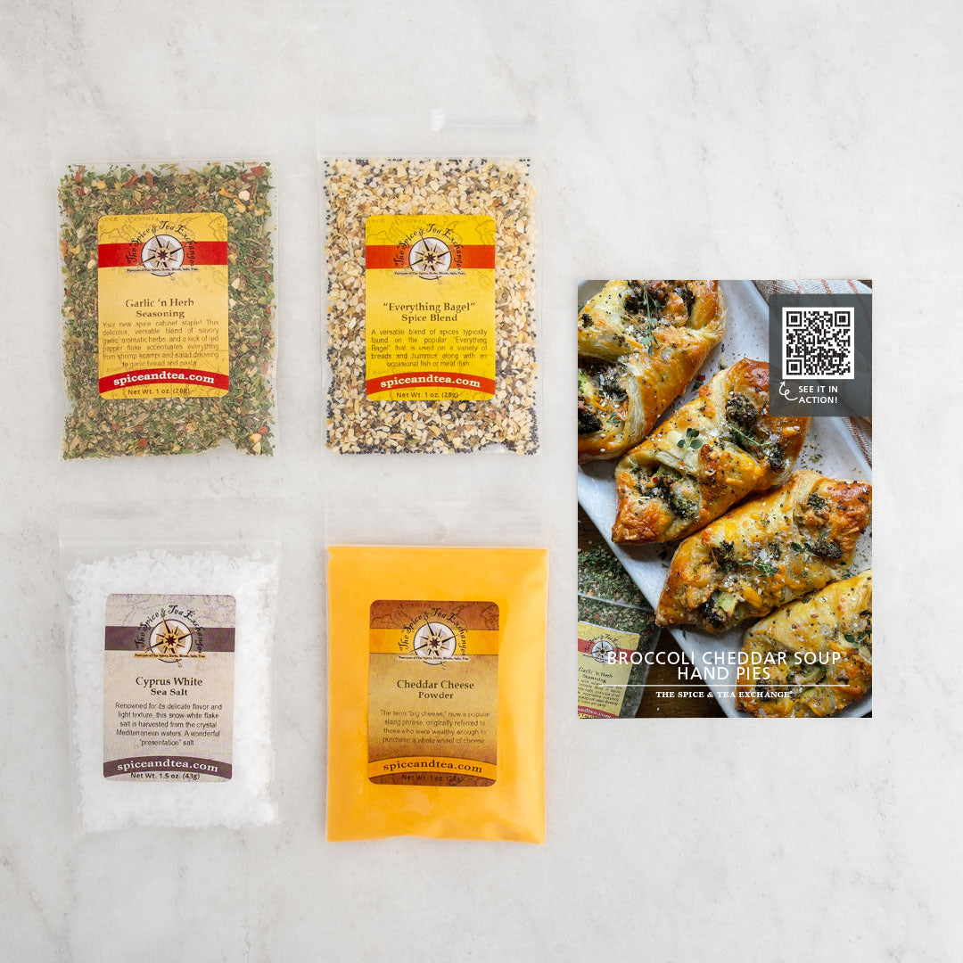 Broccoli Cheddar Soup Hand Pies recipe card and baggies: Garlic 'n Herb Seasoning, Everything Bagel Spice Blend, Cyprus White Sea Salt, Cheddar Cheese Powder