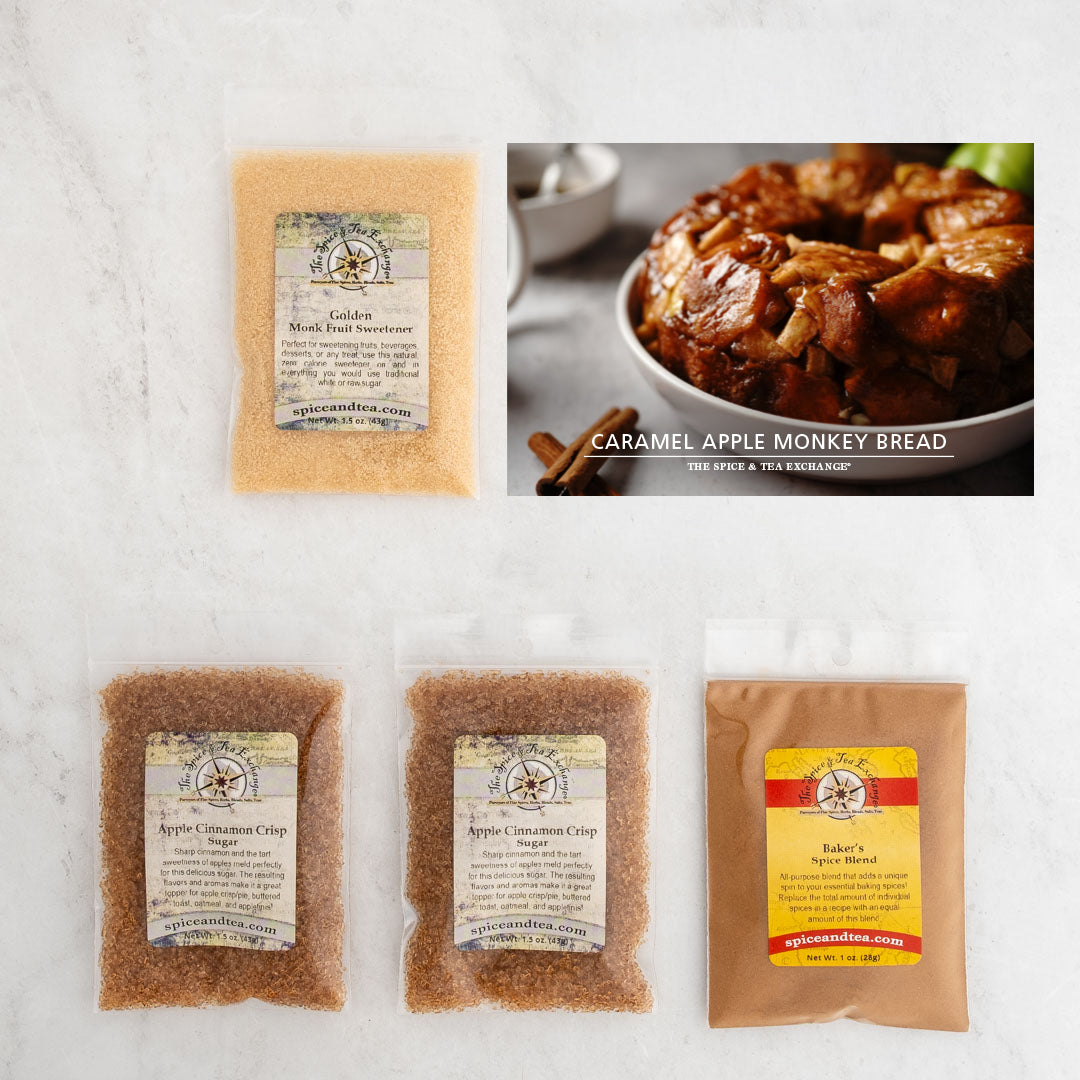 Caramel Apple Monkey Bread recipe card and baggies: Golden Monk Fruit Sweetener, Apple Cinnamon Crisp Sugar, Bakers Spice Blend