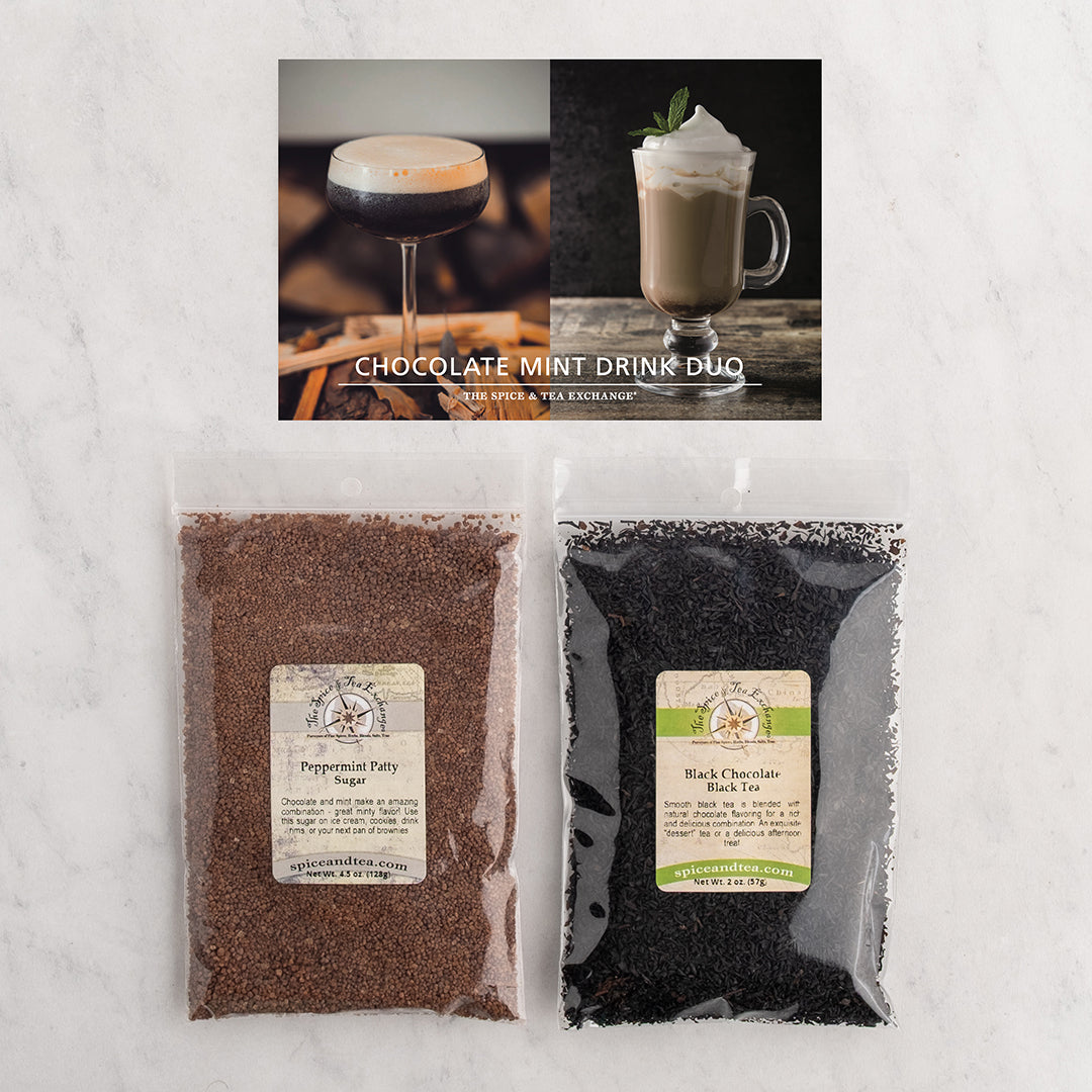 Chocolate Mint Drink Duo (Kit) recipe car and two bags of product: Peppermint Patty Sugar & Black Chocolate Black Tea.