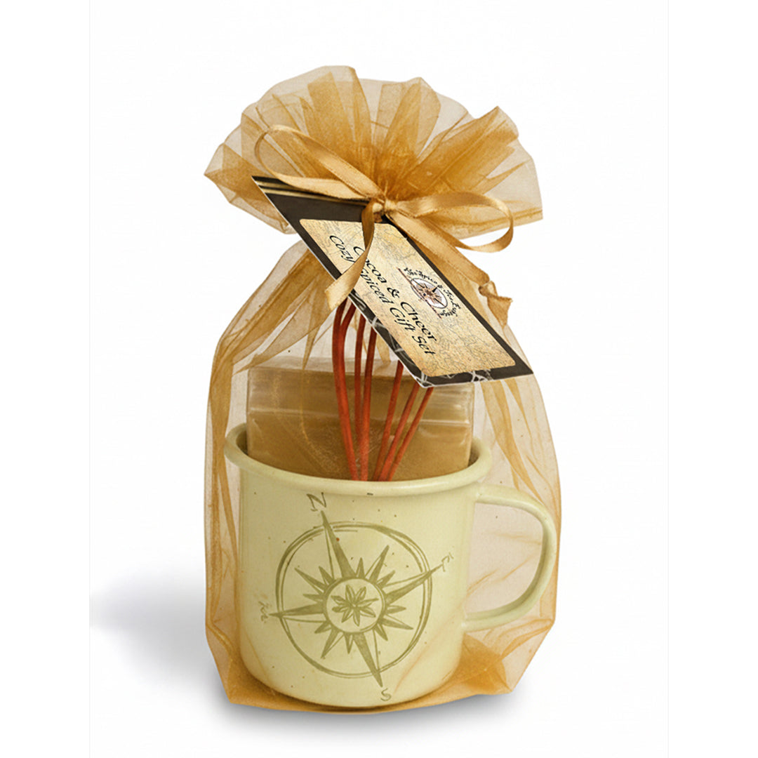 Cocoa bag in black camp mug in gold organza bag.