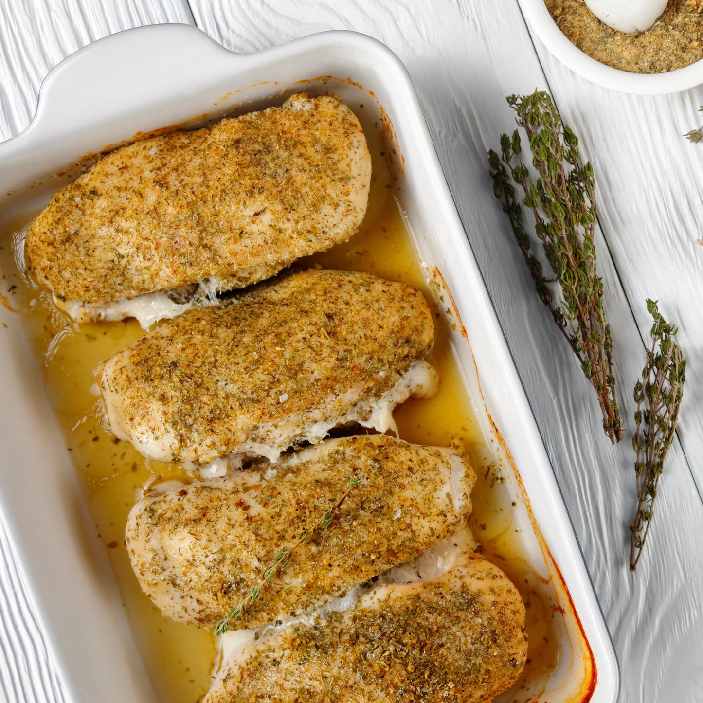 Four seasoned chicken breast strips baked in a white rectangular ceramic dish with melted cheese and golden sauce, photographed from above on a white wood surface with herbs and a small bowl of seasoning nearby.