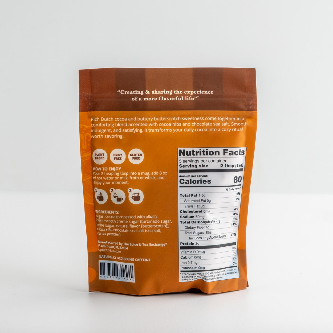 The back of the Cozy Cocoa Pouch, showing the nutrition facts panel, ingredients, and how-to icons on a light gray background.