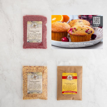 Cranberry Orange Muffins recipe card and baggies: Cranberry Orange Sugar, Florida Sunshine Sugar, Chai Baking Spice Spice Blend