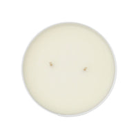 Top view of a white, unused Florida Sunshine Candle in a round container with two centered wicks, offering a fresh citrusy scent inspired by the Florida Sunshine Spice Blend.